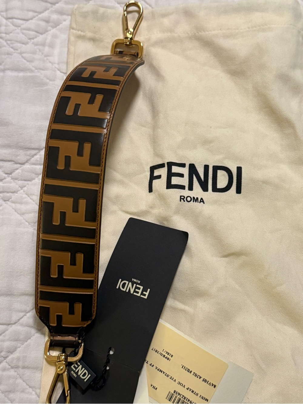 Fendi Brown and Black FF Logo Leather Strap with Gold Hardware